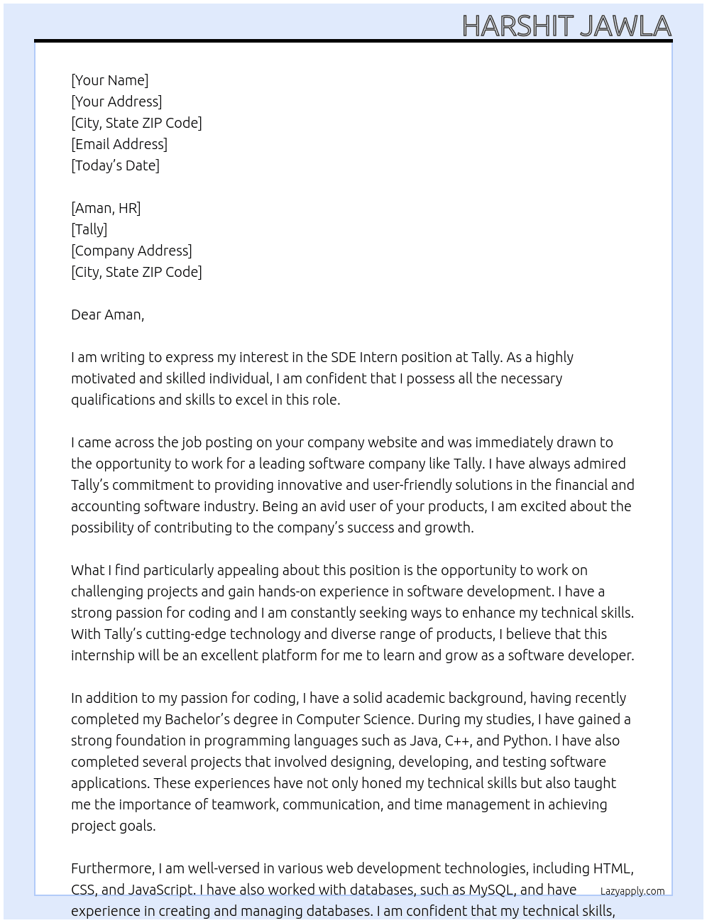 SDE Intern At tally Cover Letter