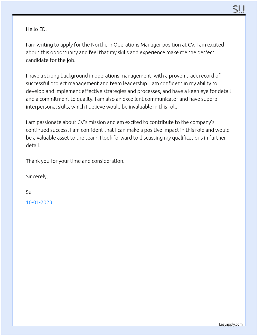Northern Operations Manager EDDU At CV Cover Letter