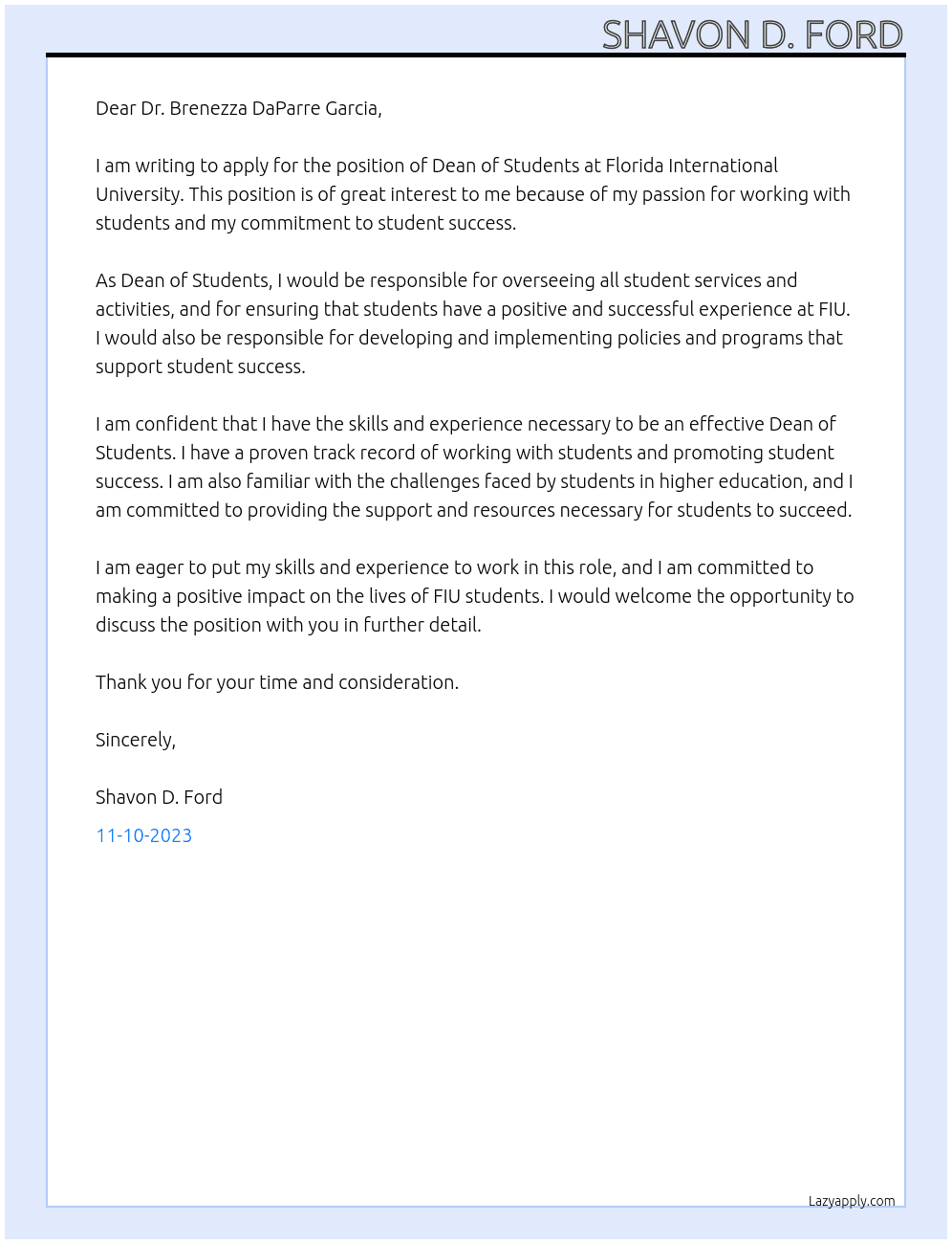 Dean of Students At Florida International University Cover Letter