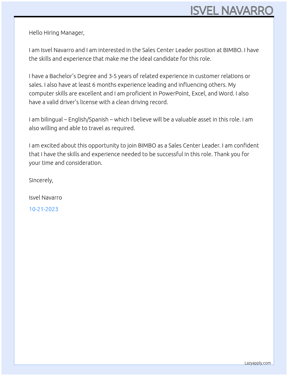 Sales Center Leader At BIMBO Cover Letter