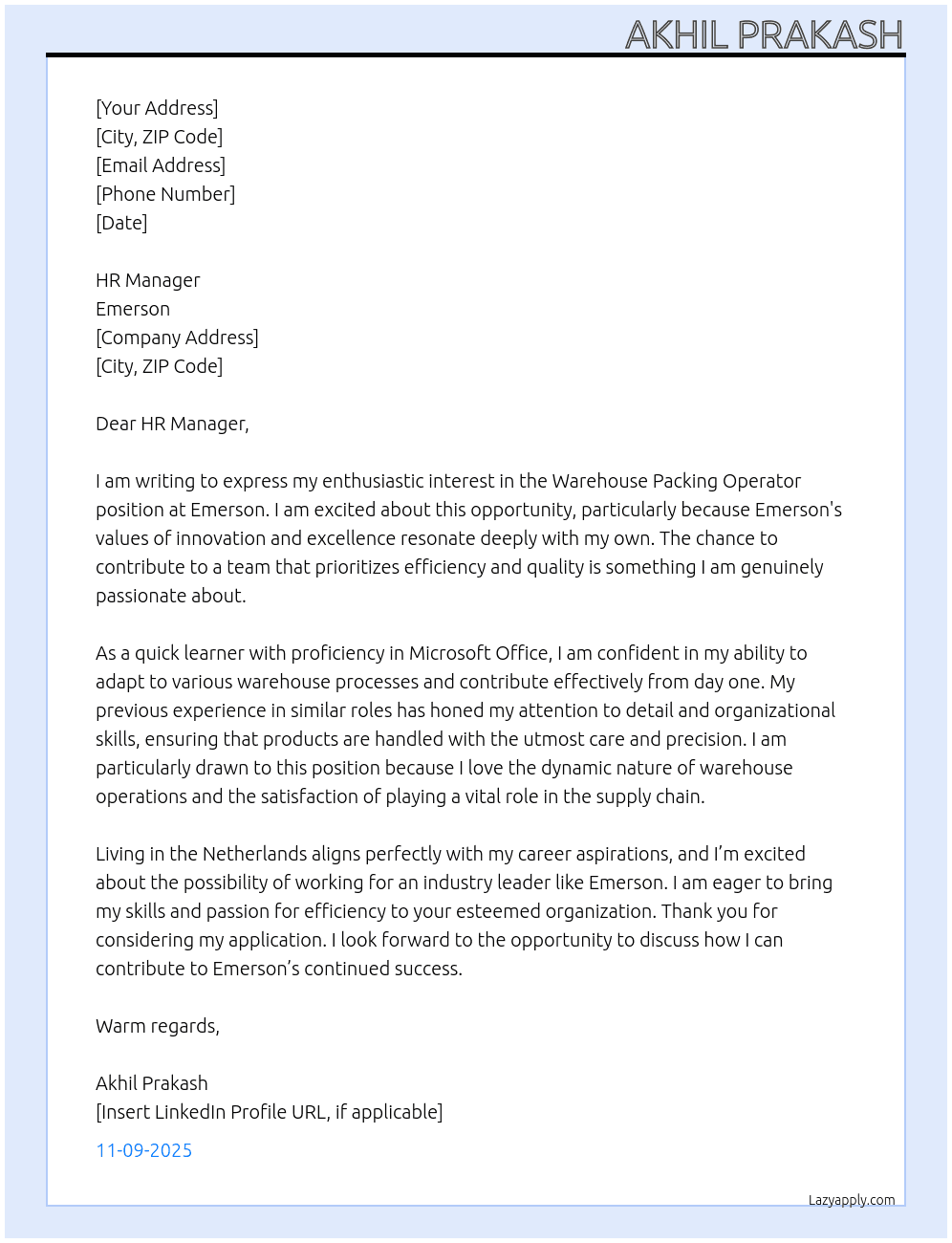 Warehouse Packing operator At Emerson Cover Letter
