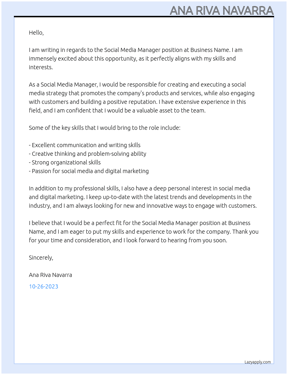 Social Media manager At bussiness mameeeee Cover Letter