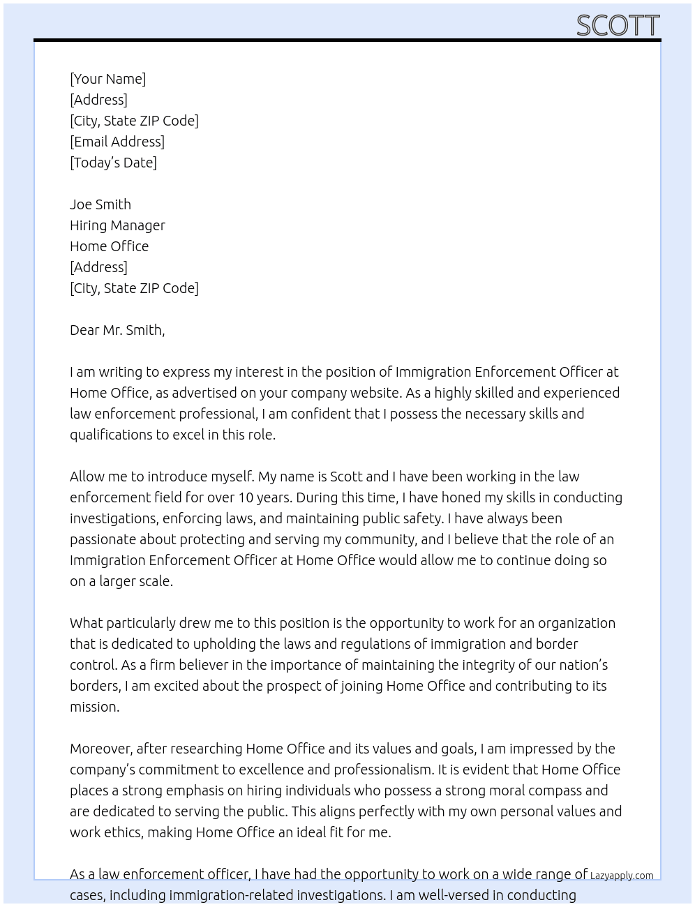 immigration enforcment officer  At home office Cover Letter