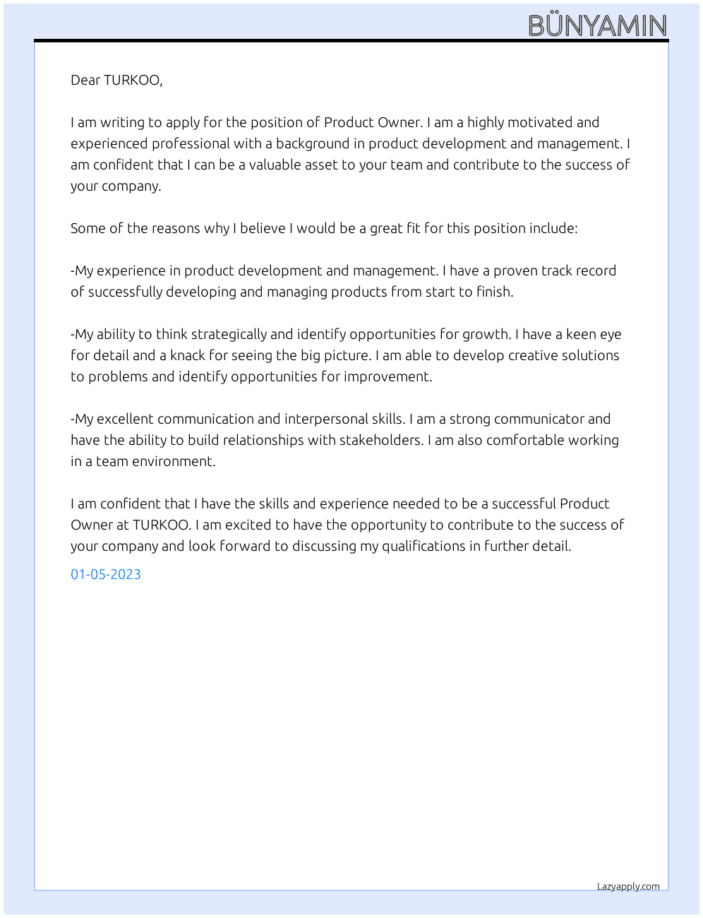 Product Owner  At TURKOO Cover Letter