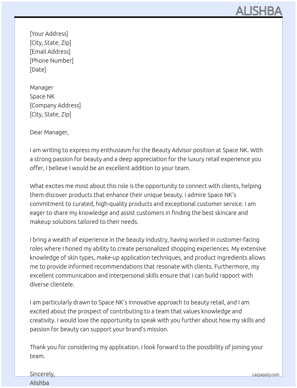 Beauty advisor At Space Nk Cover Letter