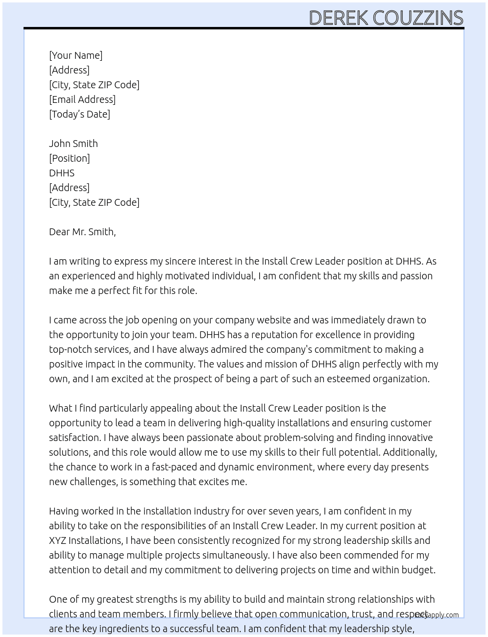 Install Crew Leader At DHHS Cover Letter