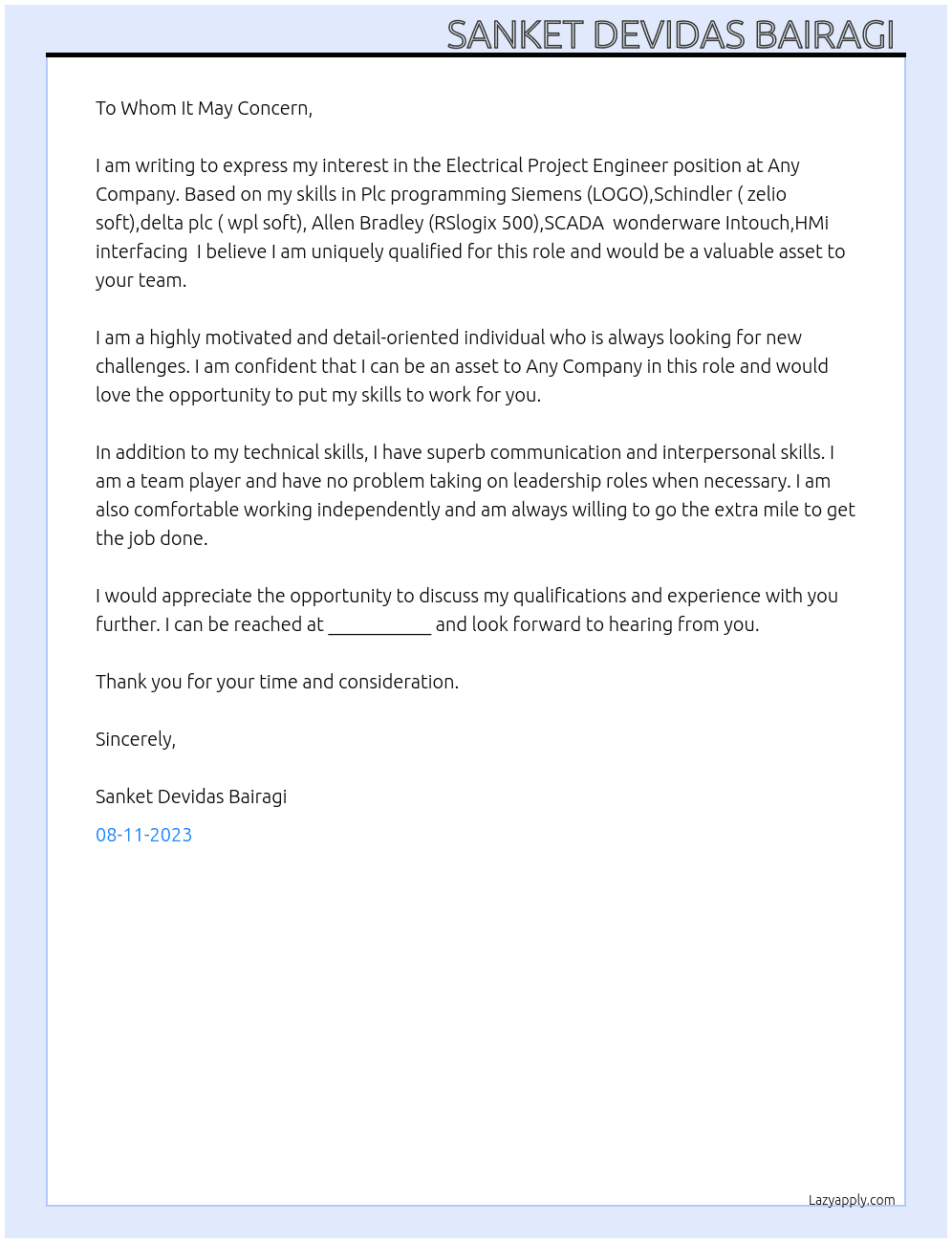 Electrical project Engineer  At Any Cover Letter