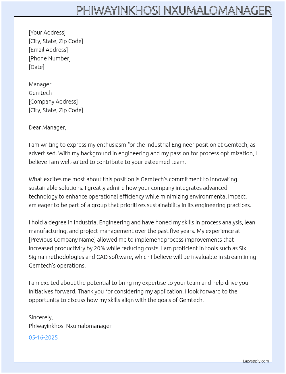 industrial engineer At gemtech Cover Letter