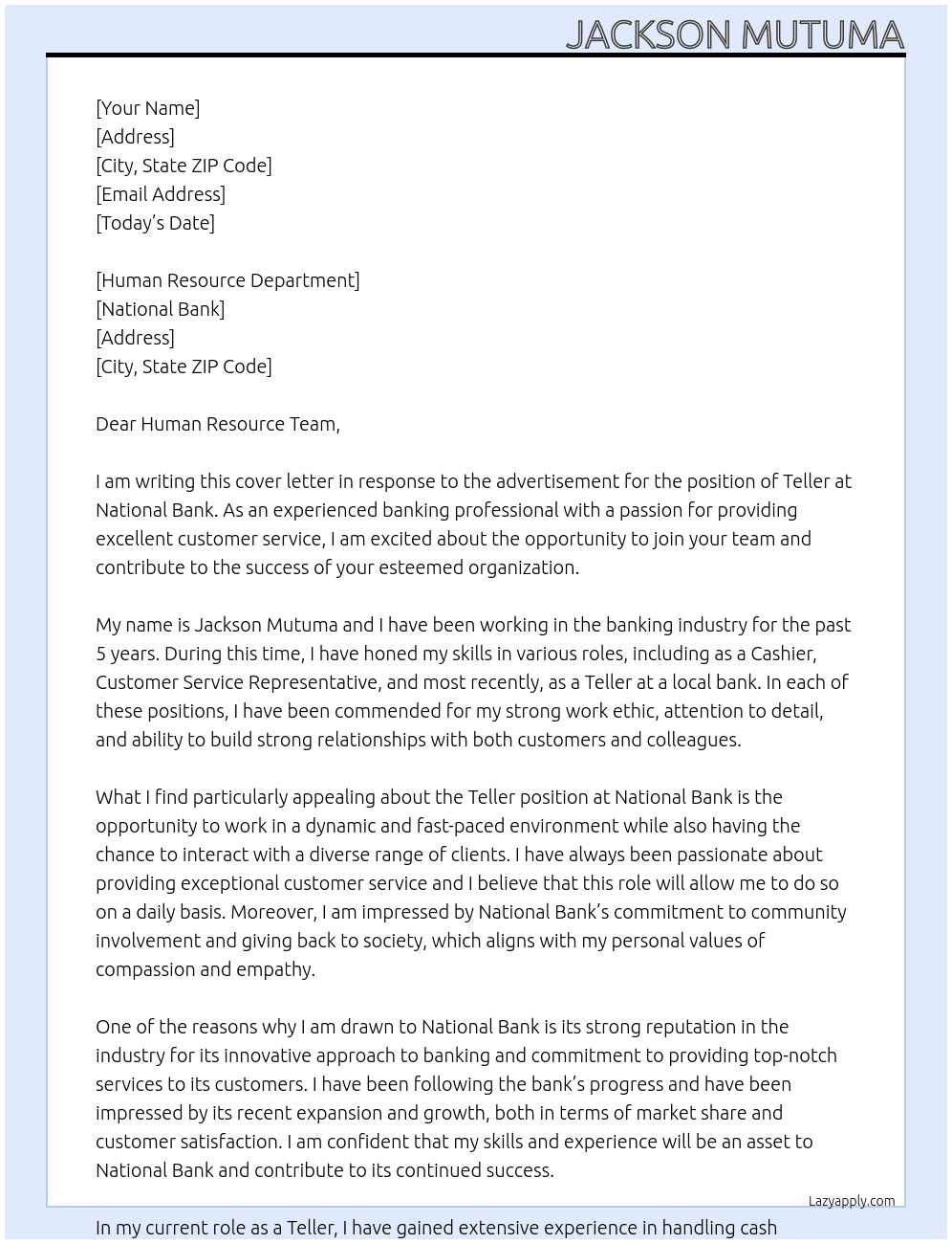teller At national bank Cover Letter