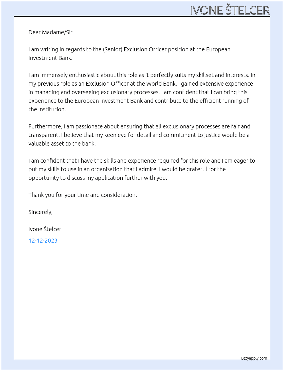 (Senior) Exclusion Officer At European Investment Bank Cover Letter