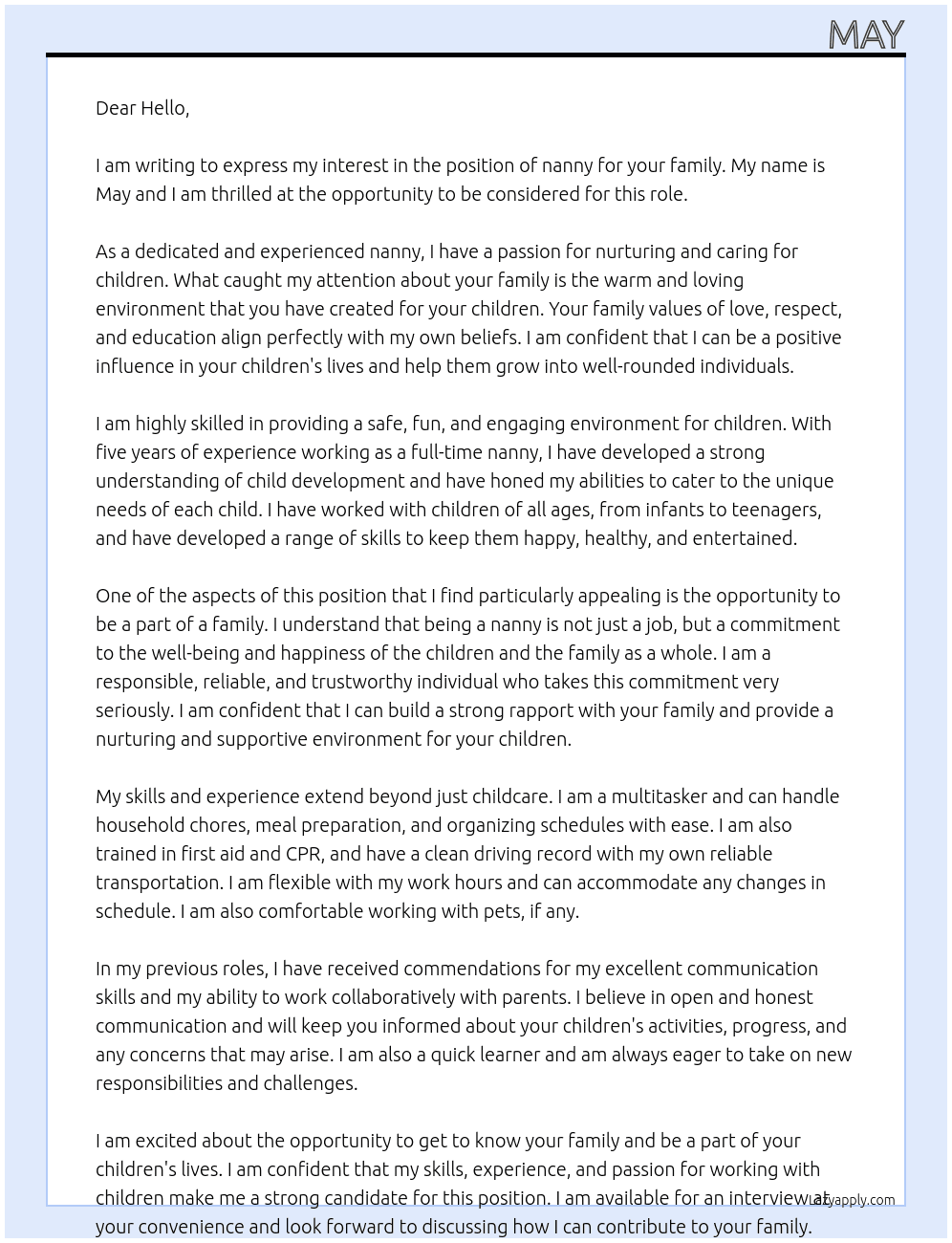 nanny At your family Cover Letter