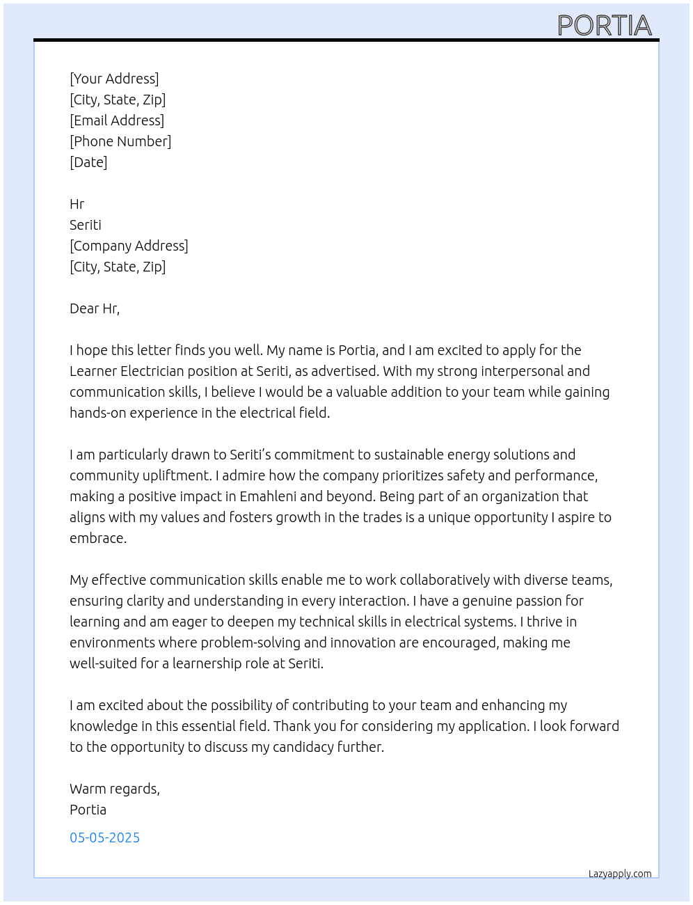 Learner electrician At Seriti Cover Letter