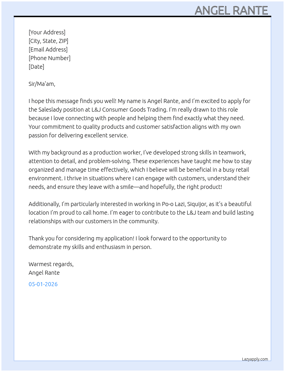 Saleslady  At L&J consumer goods trading  Cover Letter