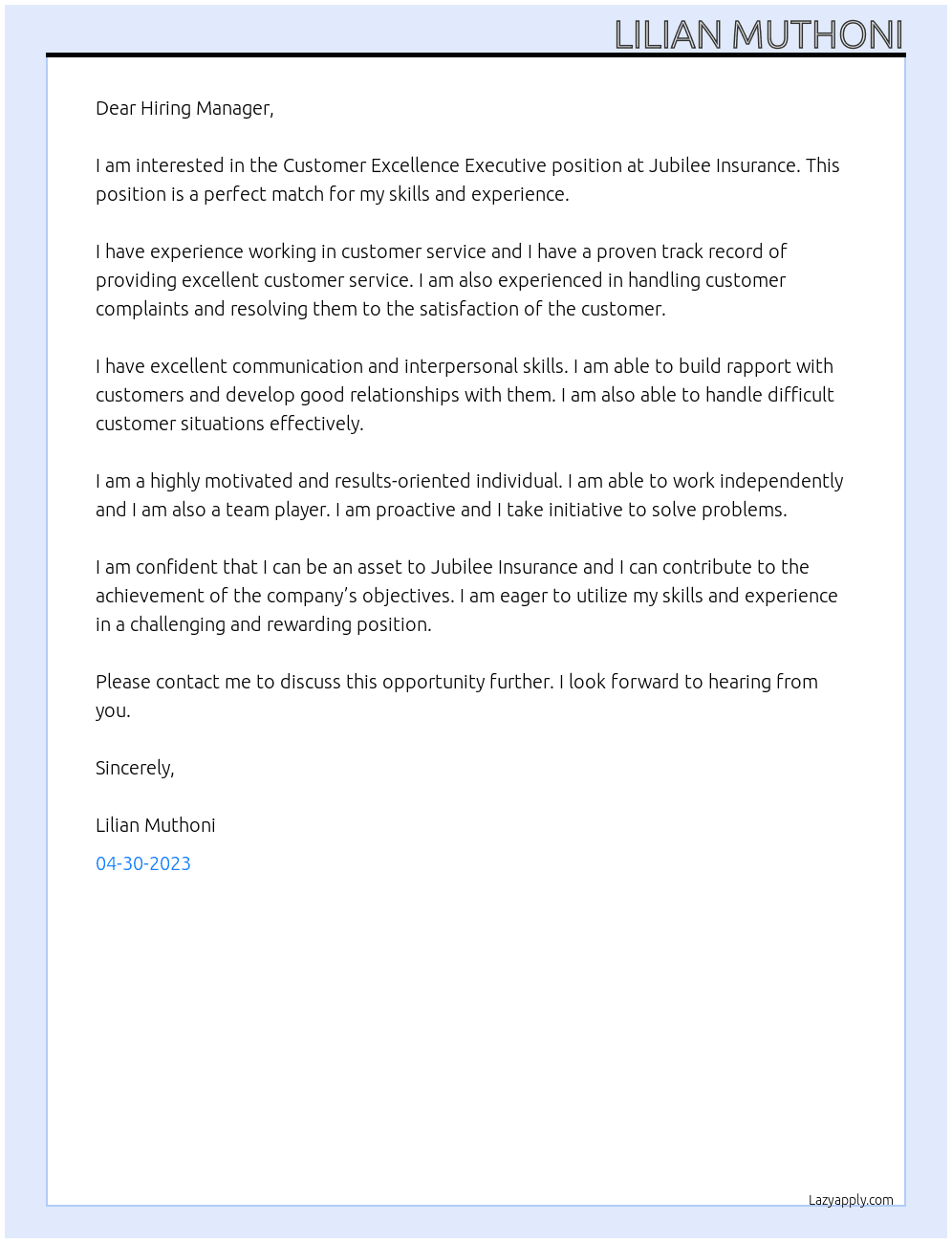 Customer Excellence Executive At Jubilee Insurance Cover Letter