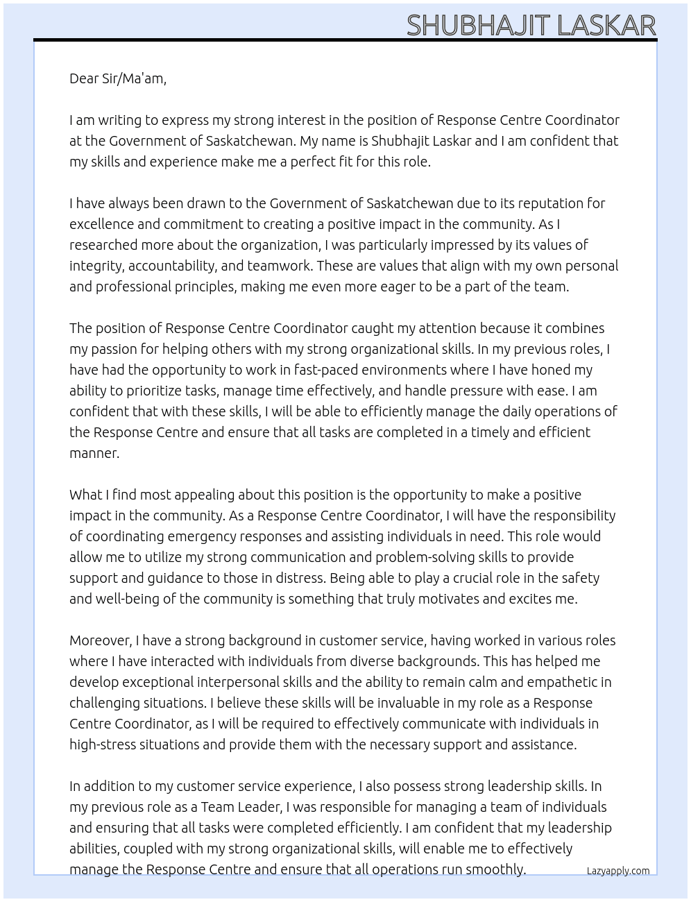 Response Centre Coordinator At Governmet of Saskatchewan Cover Letter