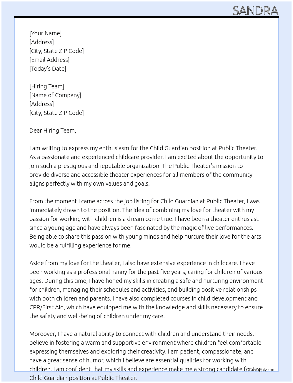 Child Guardian  At Public Theater Cover Letter