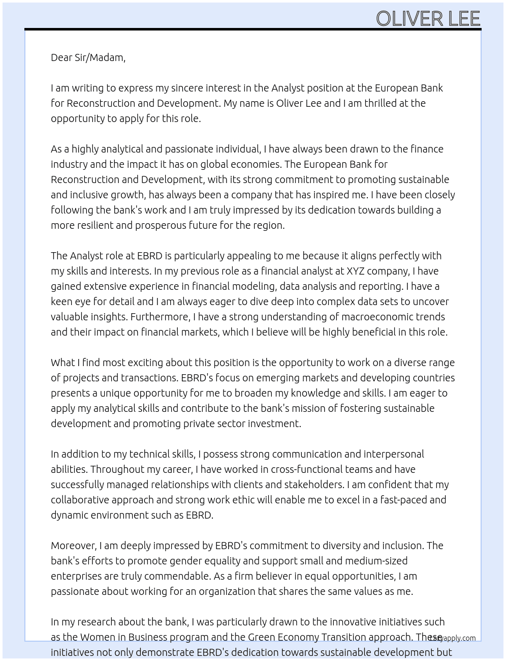 Analyst At European bank for reconstruction and development Cover Letter