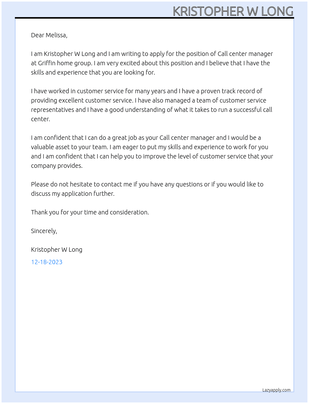 Call center manager At Griffin home group Cover Letter