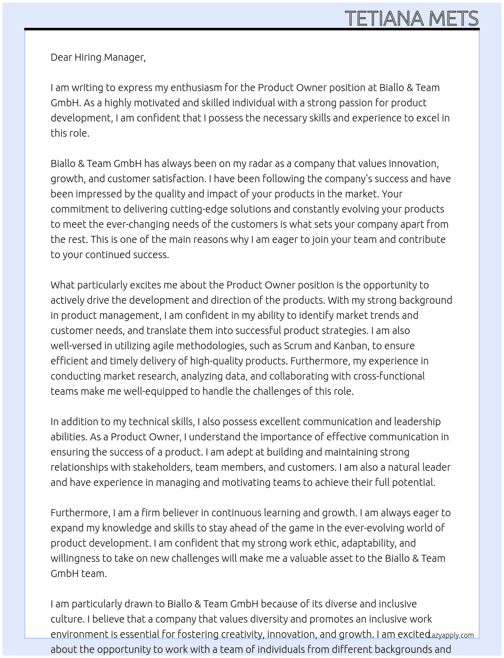 Product Owner At Biallo & Team GmbH Cover Letter