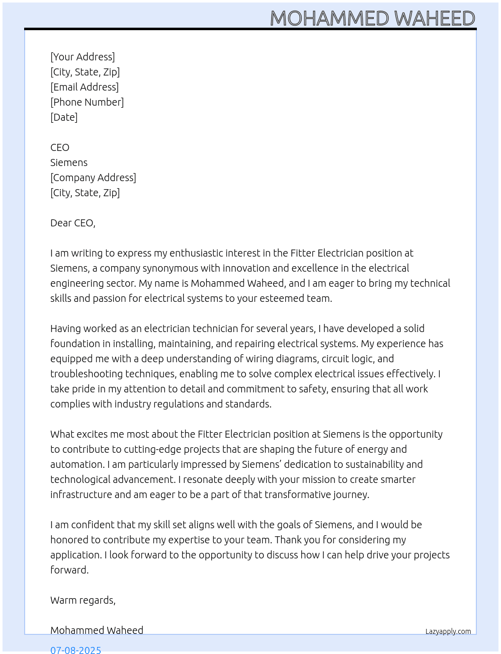 Cover letter for fitter electrition - LazyApply