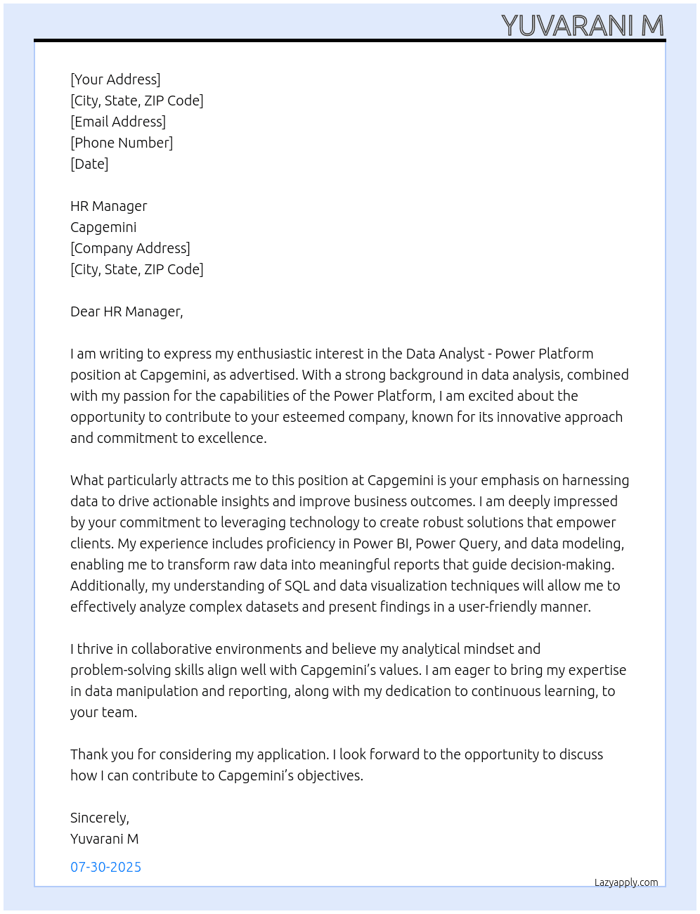 Cover letter for data analyst - power platform - LazyApply
