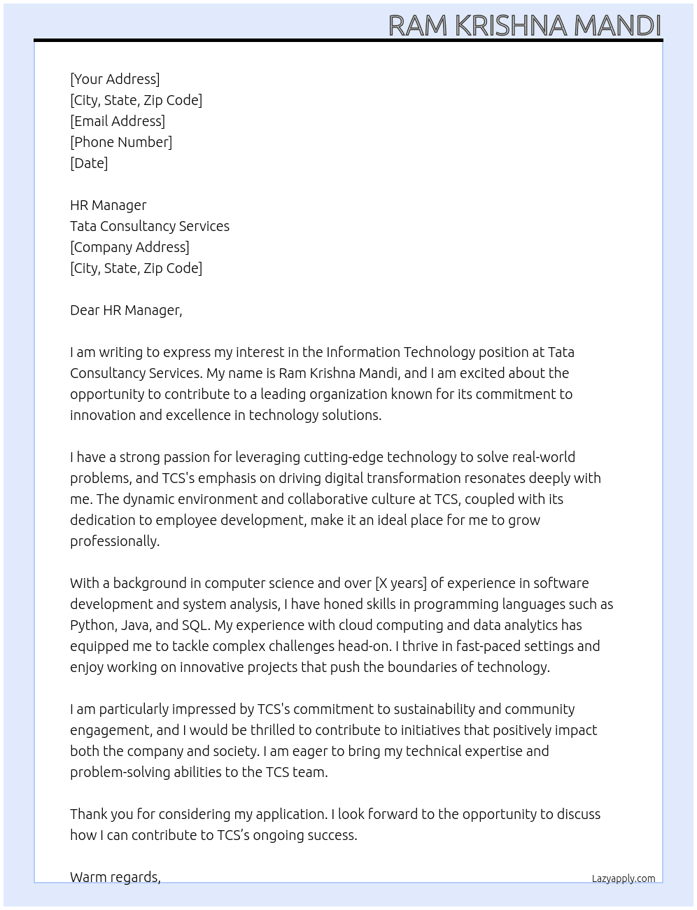 Cover letter for information technolgy - LazyApply