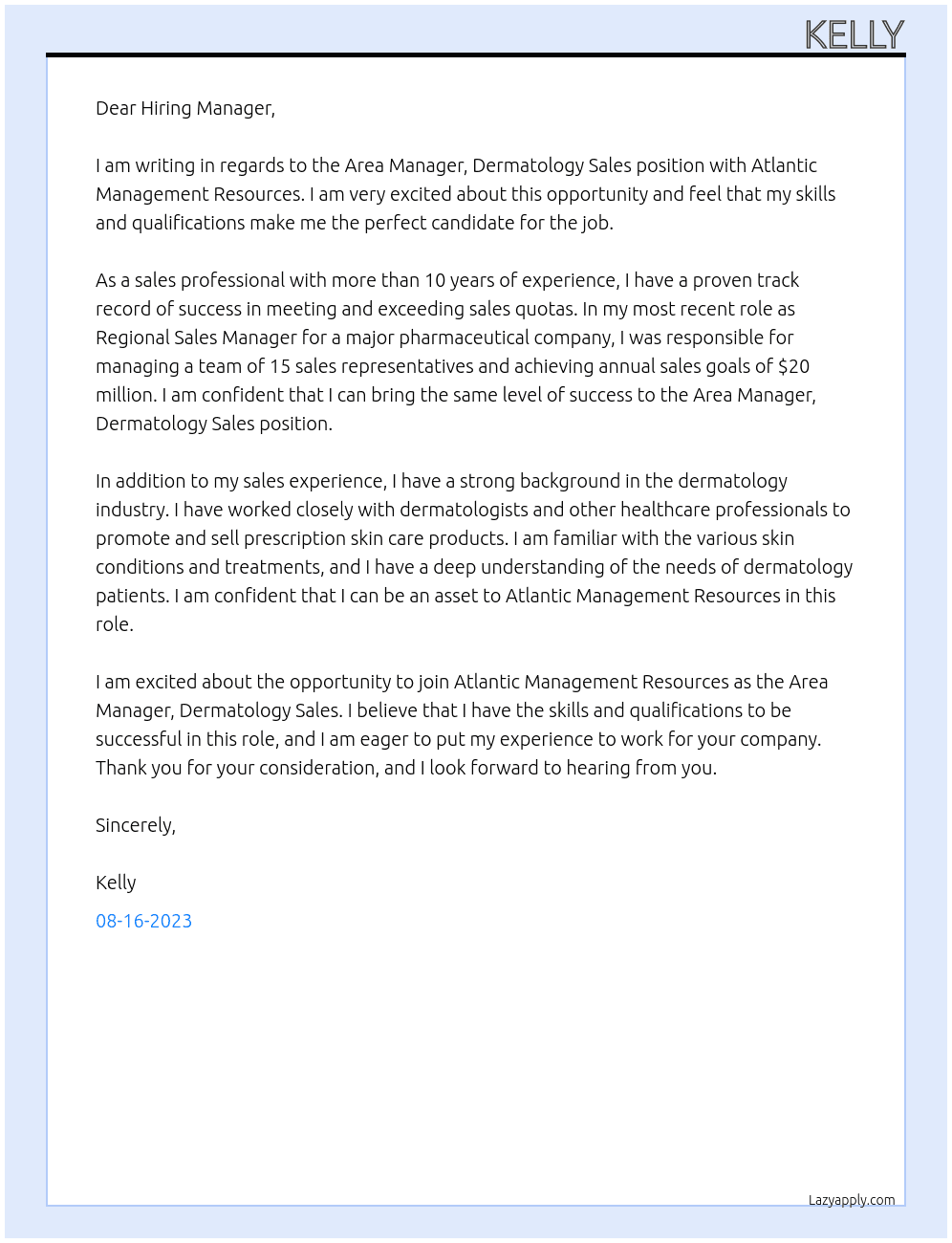Area Manager, Dermatology Sales At Atlantic Management Resources Cover Letter