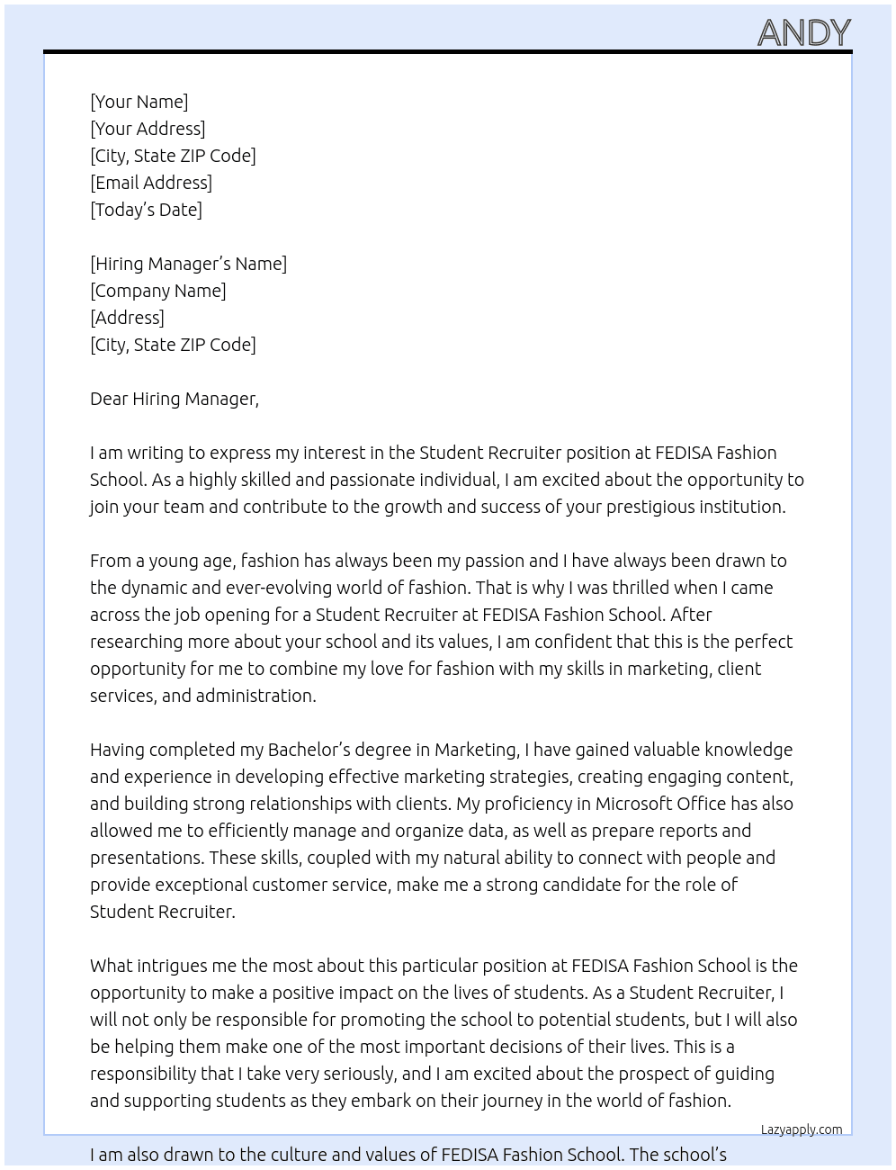 Student Recruiter At FEDISA Fashion School Cover Letter