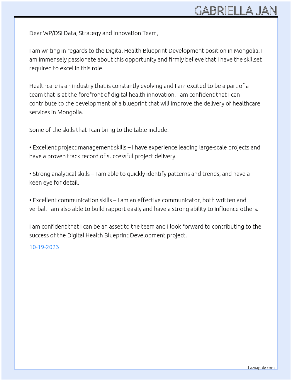 Digital Health Blueprint Development in Mongolia At WP/DSI Data, Strategy and Innovation Team Cover Letter