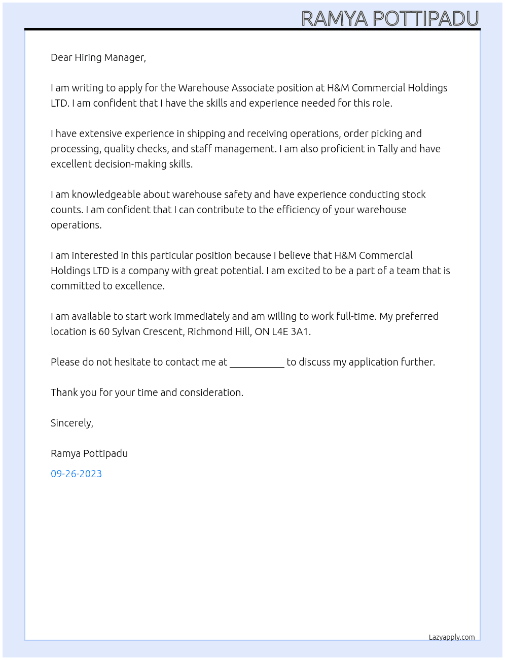 Warehouse Associate At Employer detailsH&M Commercial Holdings LTD. Cover Letter
