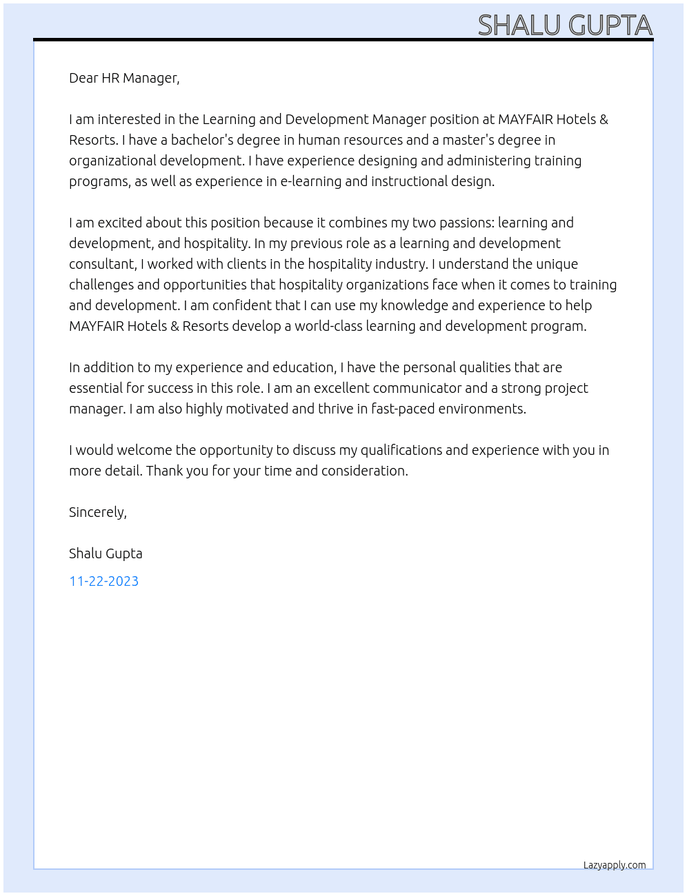 Learning and Development Manager At MAYFAIR Hotels & Resorts · Bhubaneswar, Odisha Cover Letter