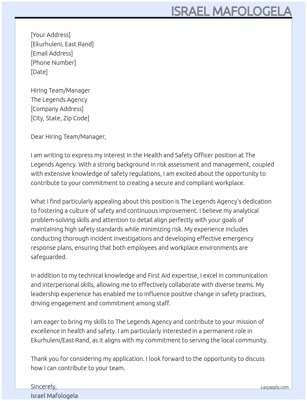 Health and Safety Officer,  At The Legends Agency Cover Letter