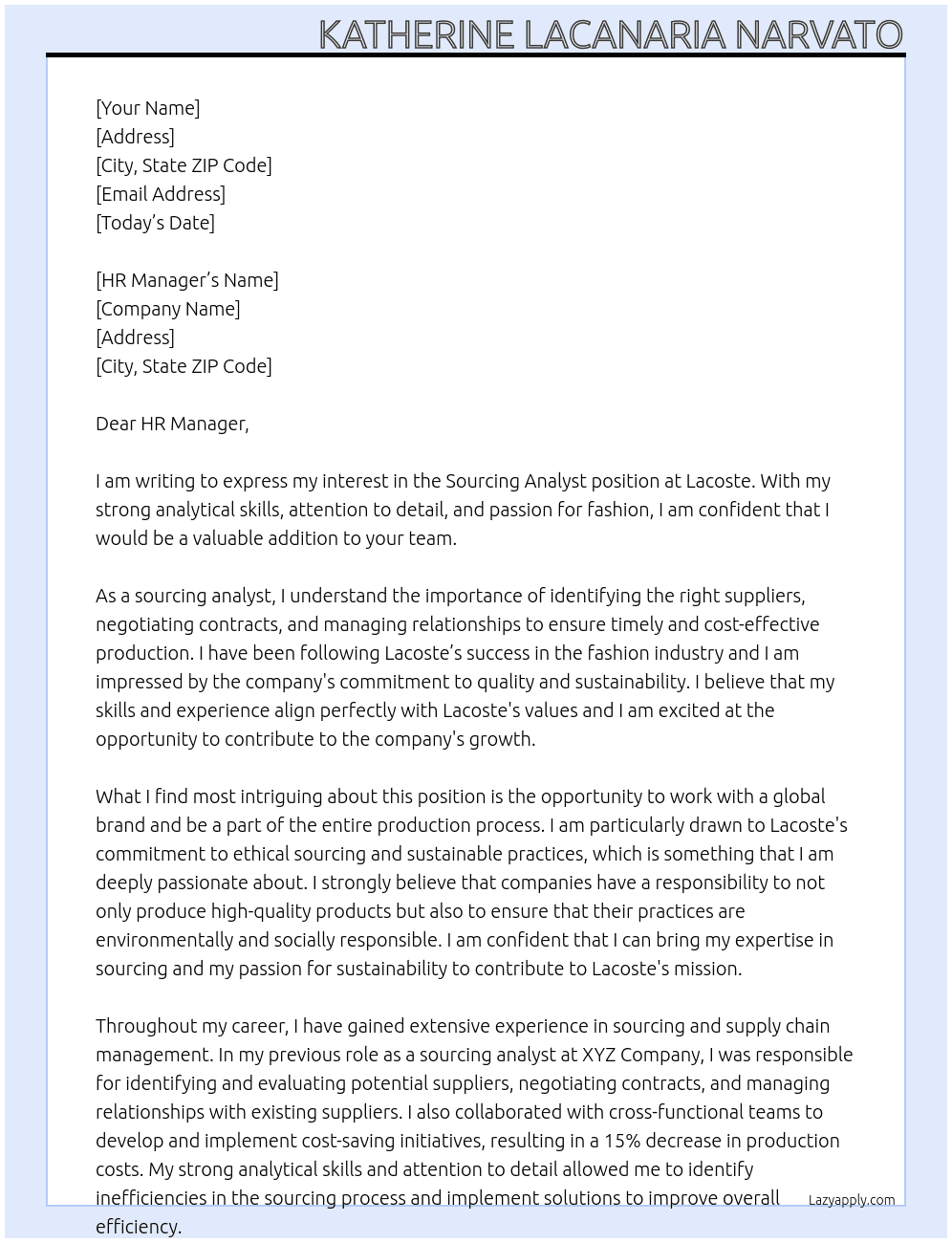 Sourcing Analyst At Lacoste Cover Letter