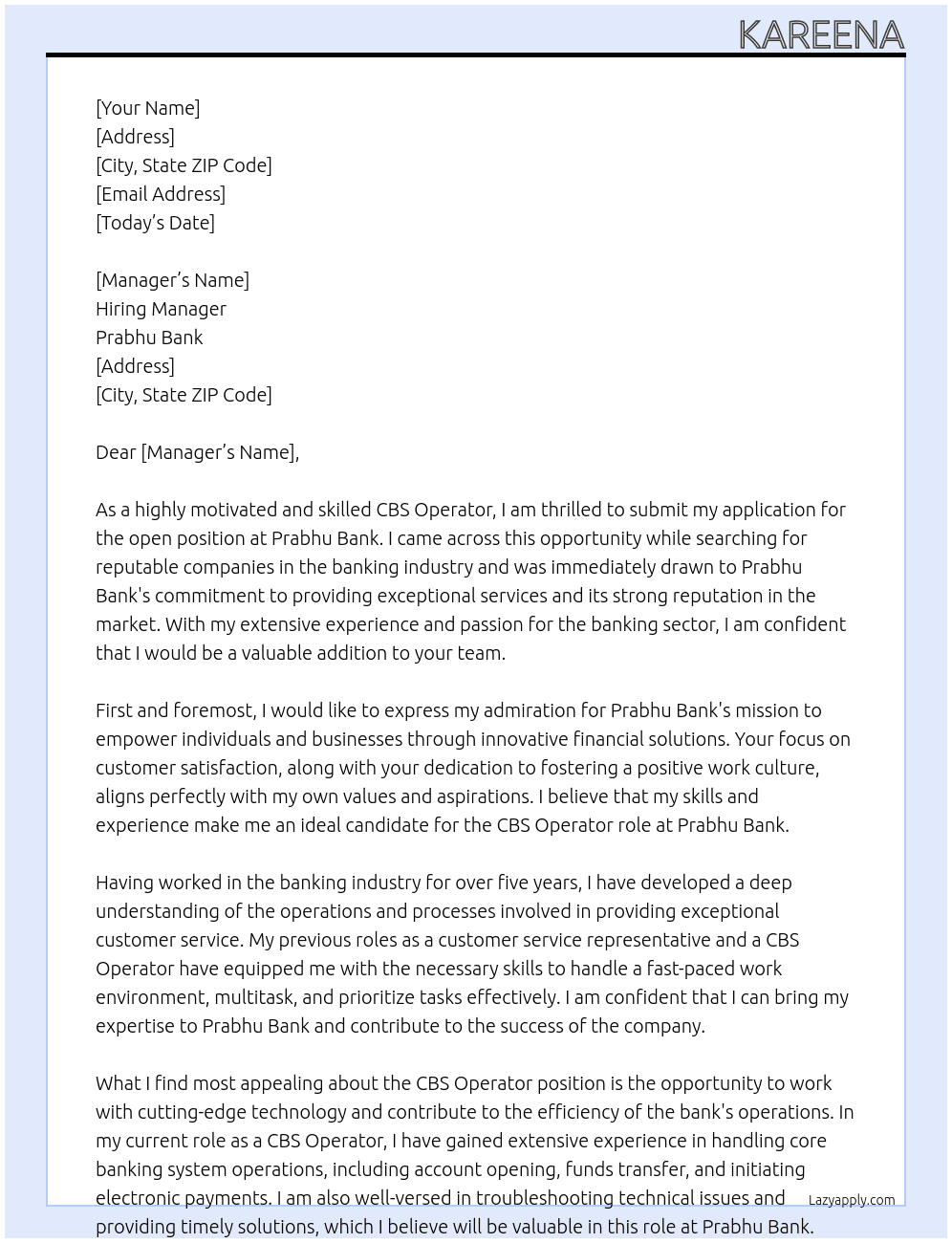 CBS Operator At Prabhu Bank Cover Letter