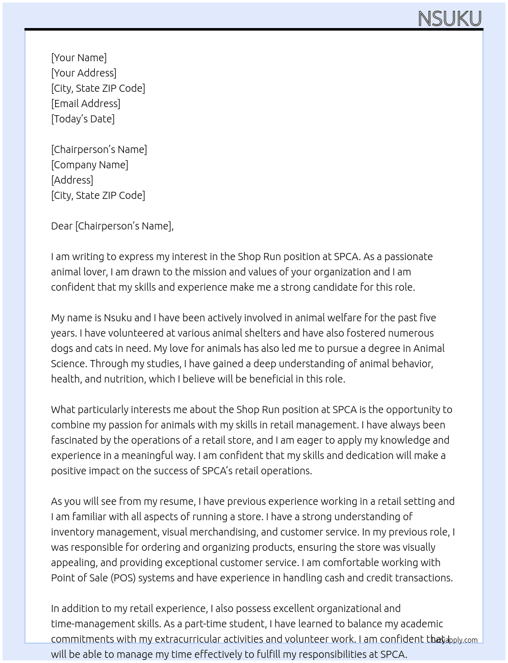 Shop run At SPCA Cover Letter