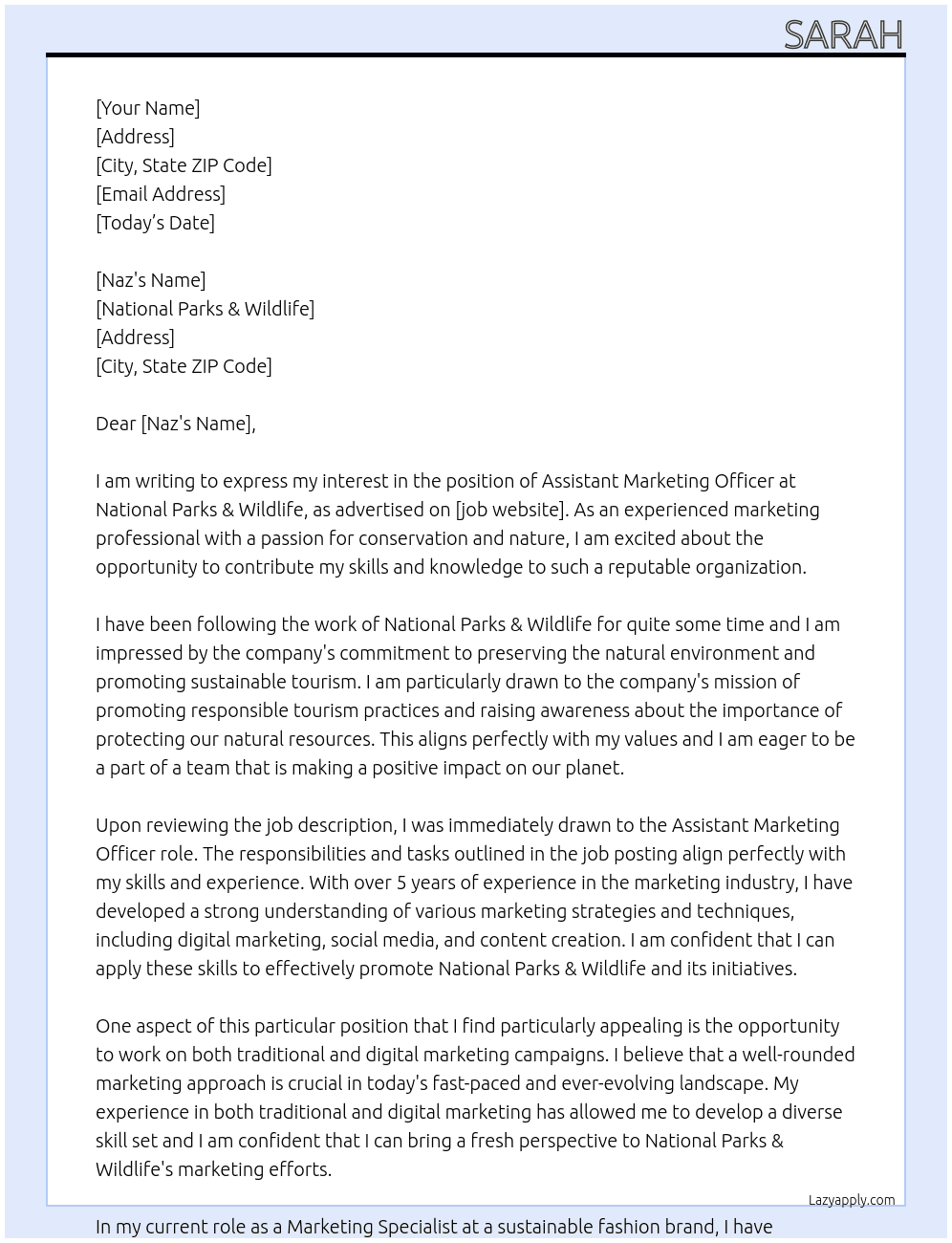 Assistant Marketing Officer At National Parks & Wildlife Cover Letter
