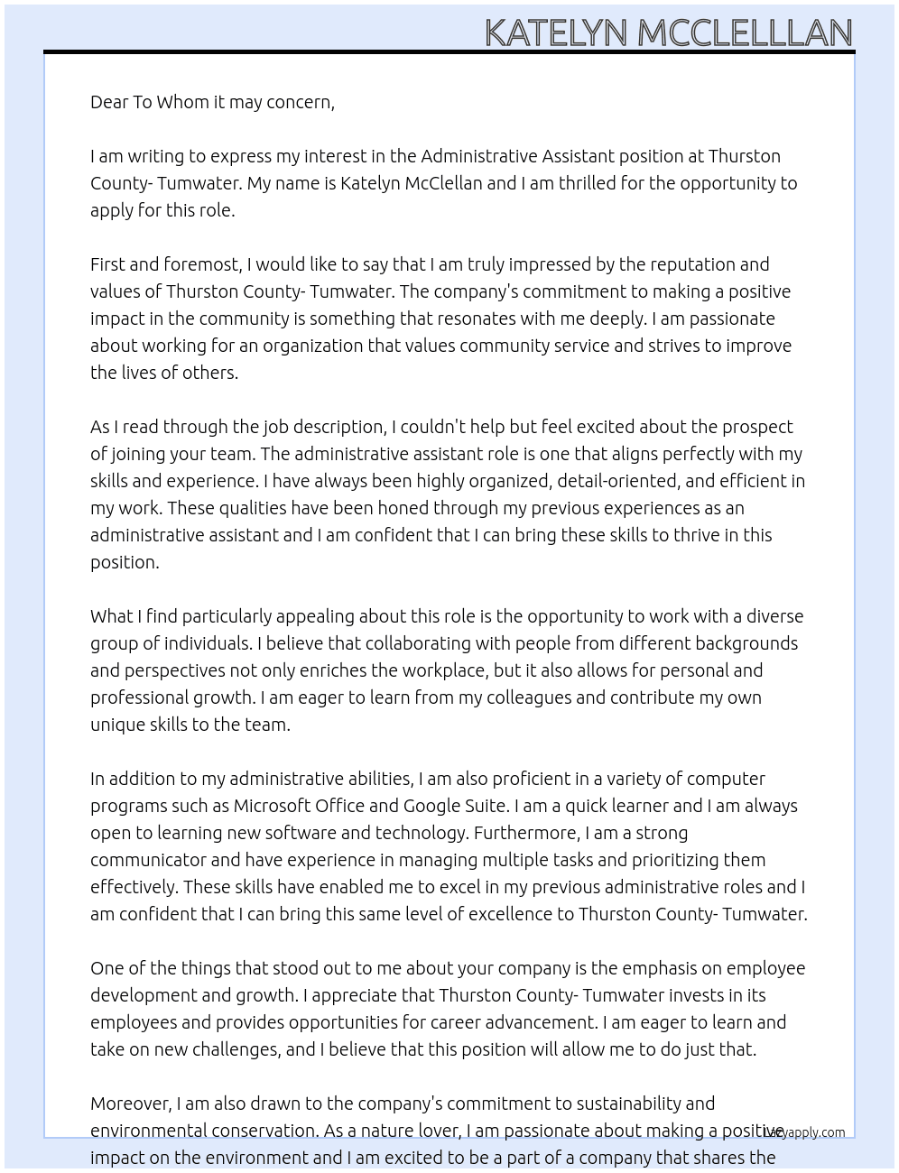 Administrative Assistant At Thurston County- Tumwater Cover Letter