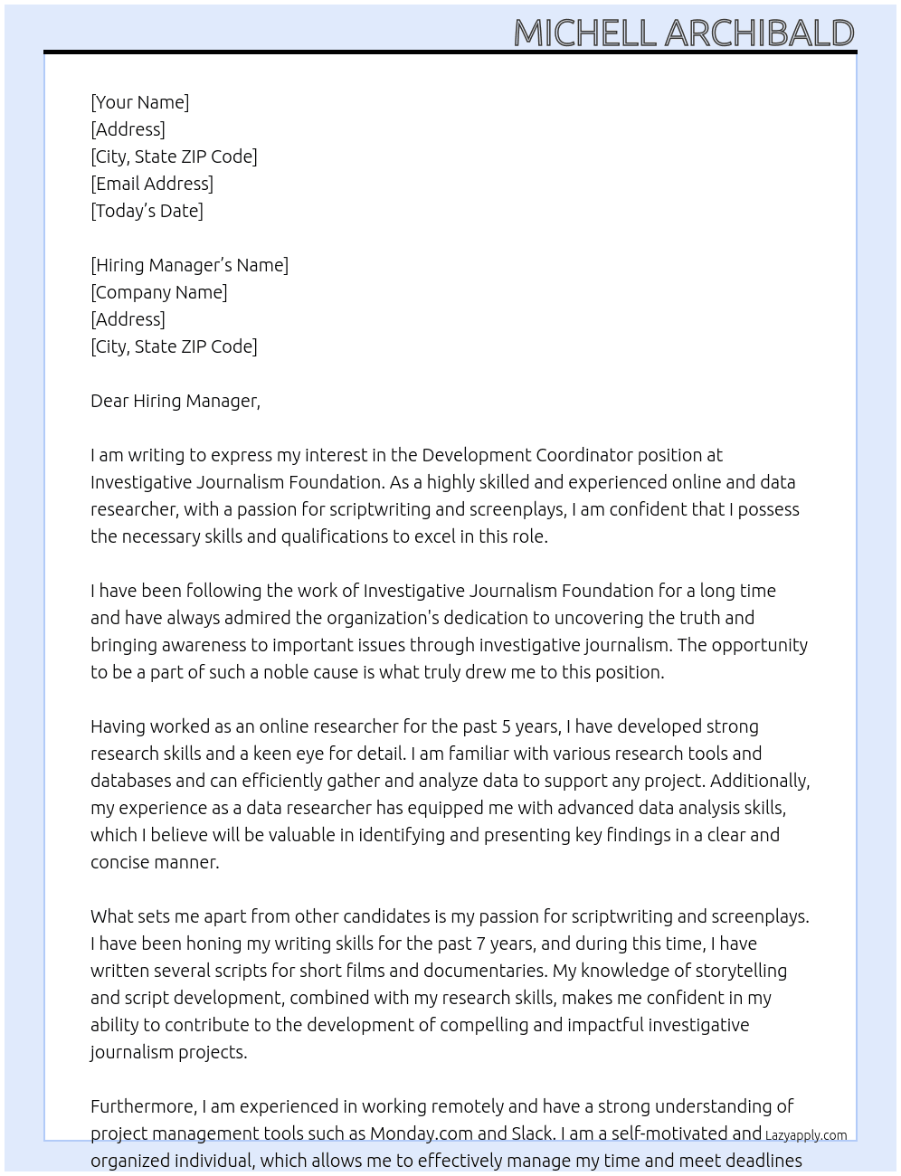 Development Coordinator At Investigative Journalism Foundation Cover Letter