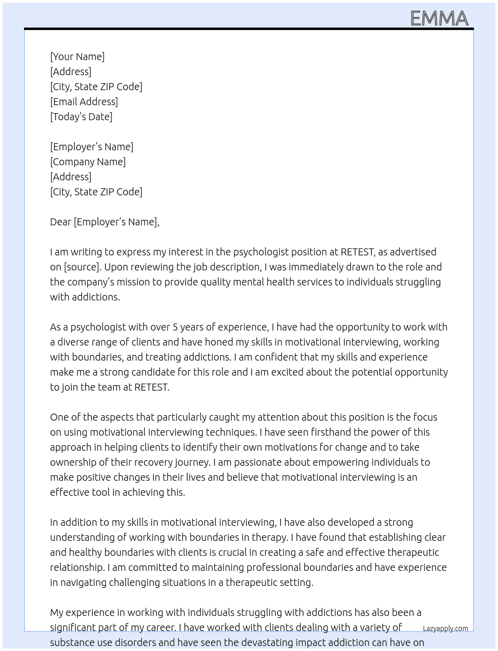psychologist At RETEST Cover Letter