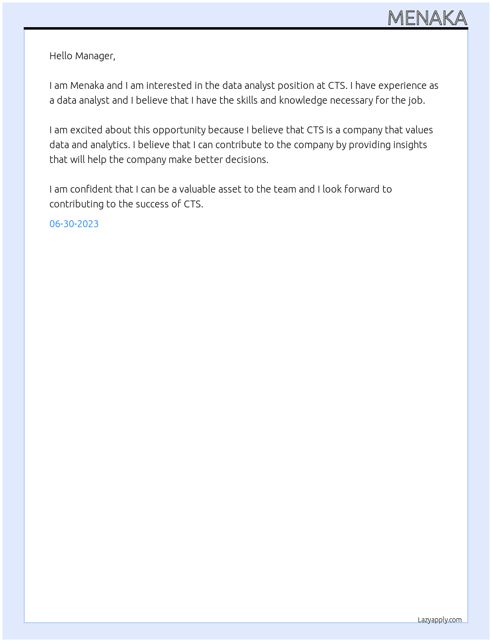 data analyst At CTS Cover Letter