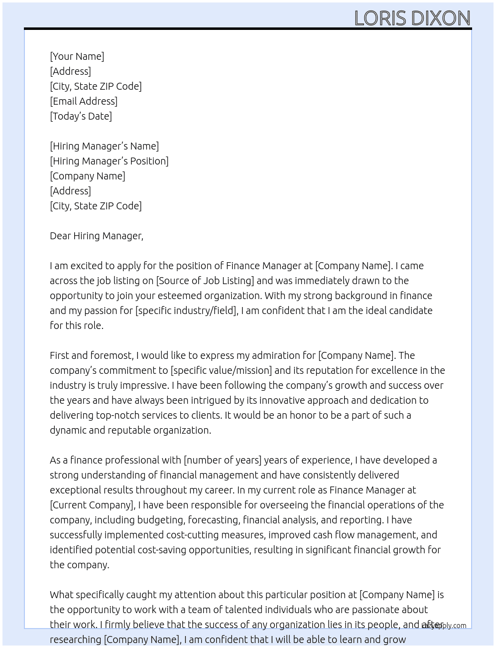 Finance Manager At Confidential Cover Letter
