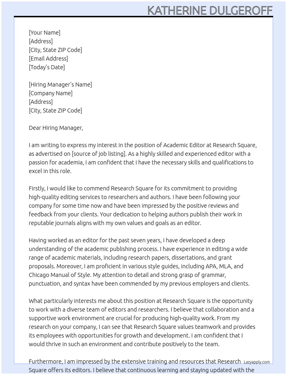 Academic Editor At Research Square Cover Letter