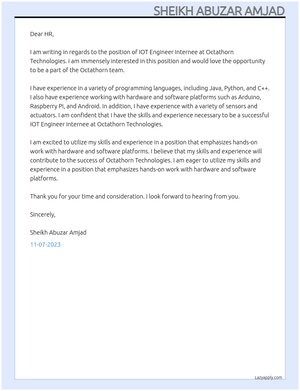 IOT Engineer Internee At Octathorn Technologies Cover Letter
