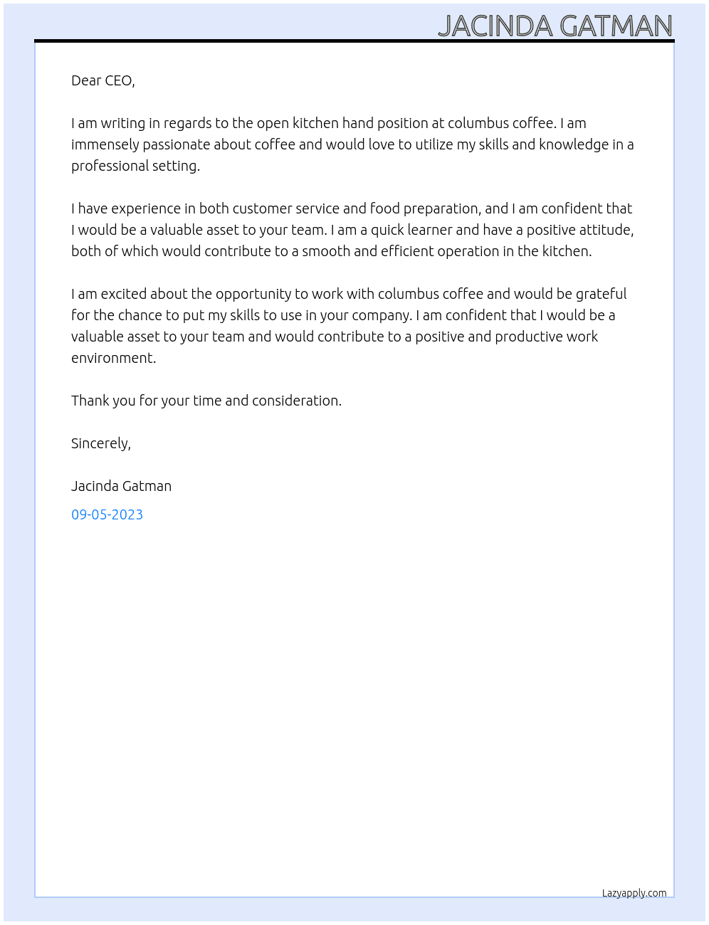 Kitchen Hand At columbus coffee Cover Letter