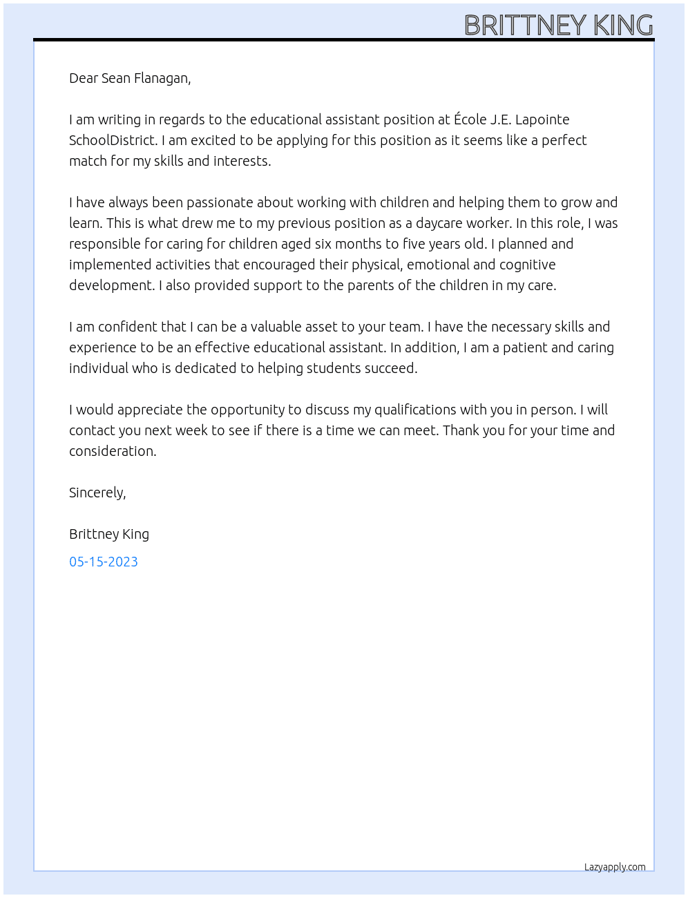 Educational Assistant At École J.E. Lapointe SchoolDistrict Cover Letter