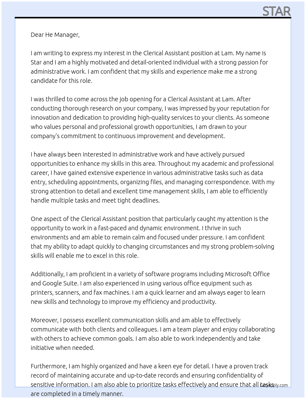 Clerical Assistant At Lam Cover Letter