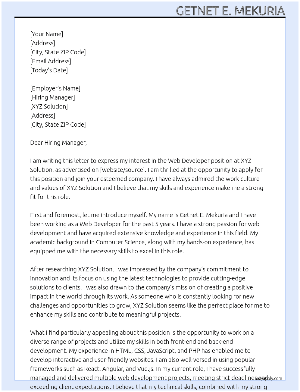 Web developer At XYZ Solution Cover Letter