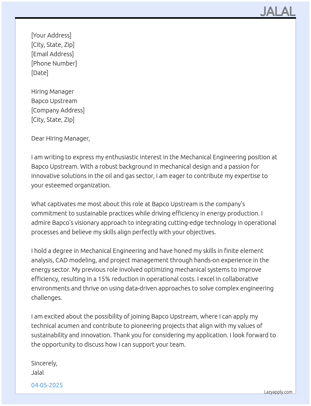 Mechanical Engineering At Bapco Upstream Cover Letter