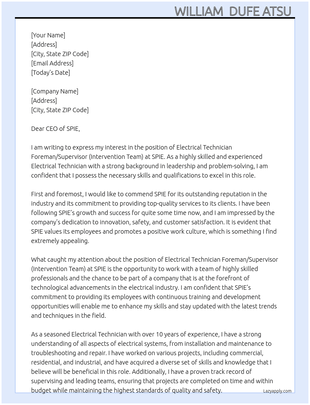 Electrical  Technician Foreman/supervisor (Intervention Team)r. At SPIE Cover Letter