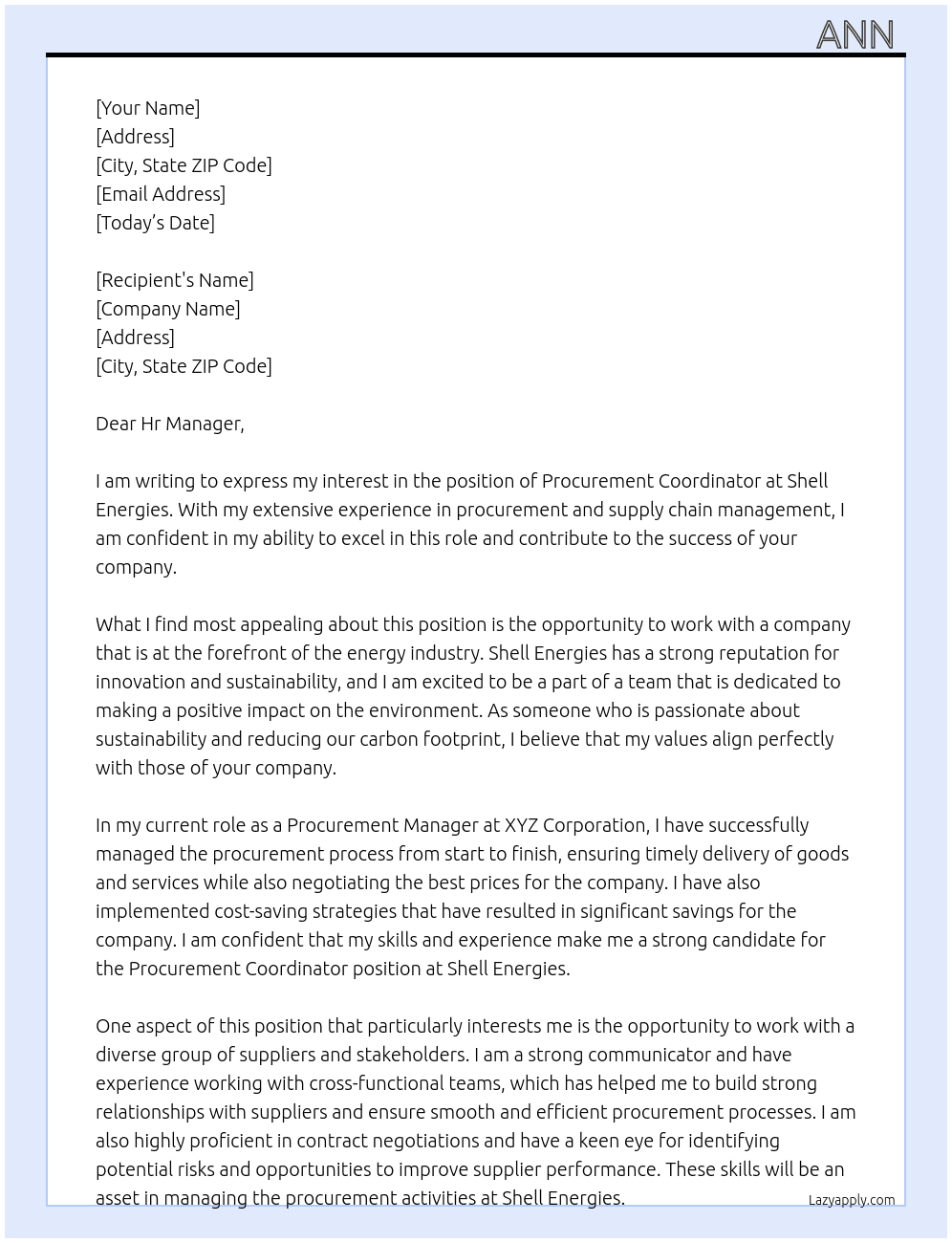 procurement coordintor At Shell Enerdies Cover Letter